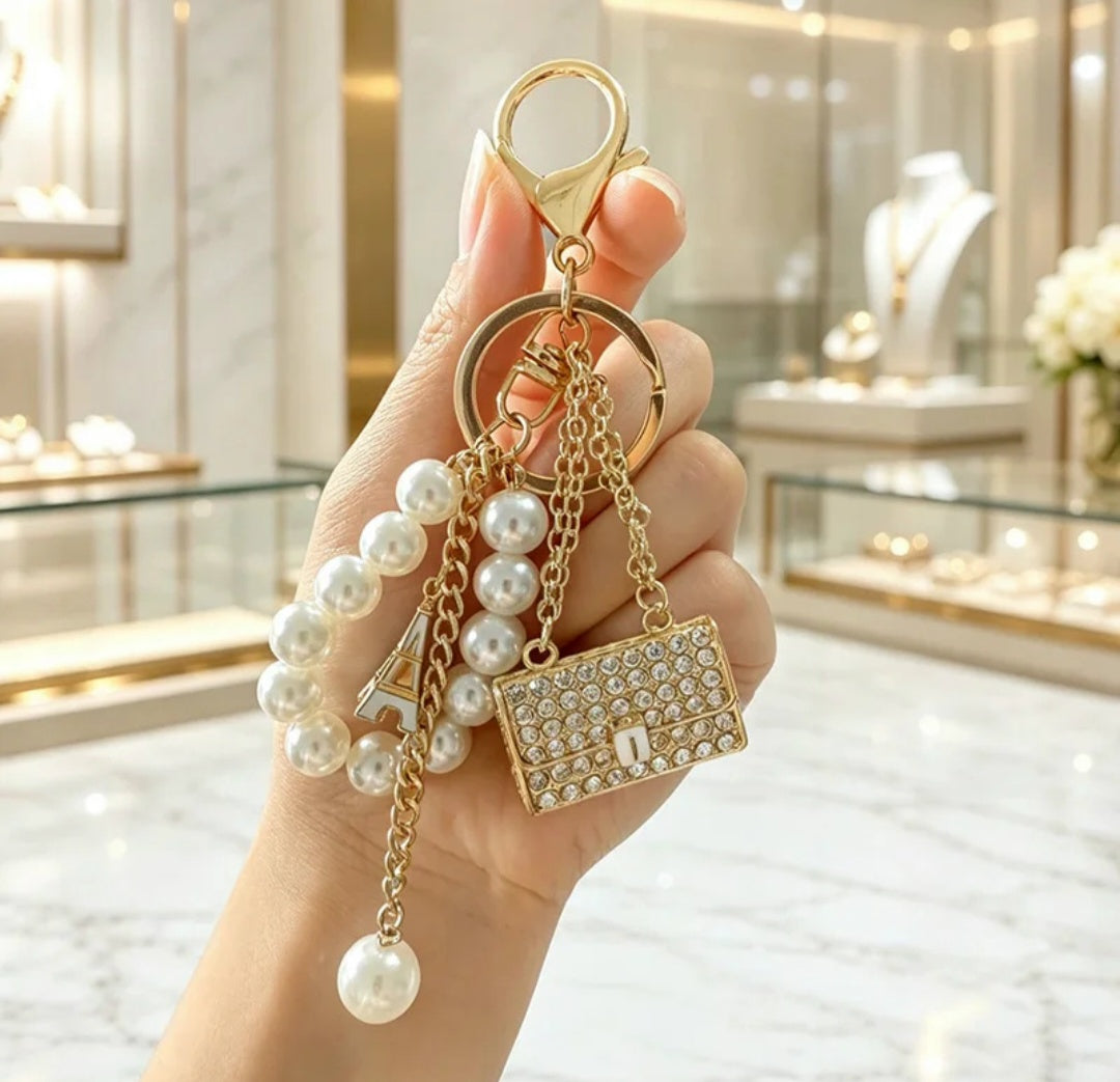Luxury Rhinestone Mini Handbag Coin Purse Keychain with Pearl Chain