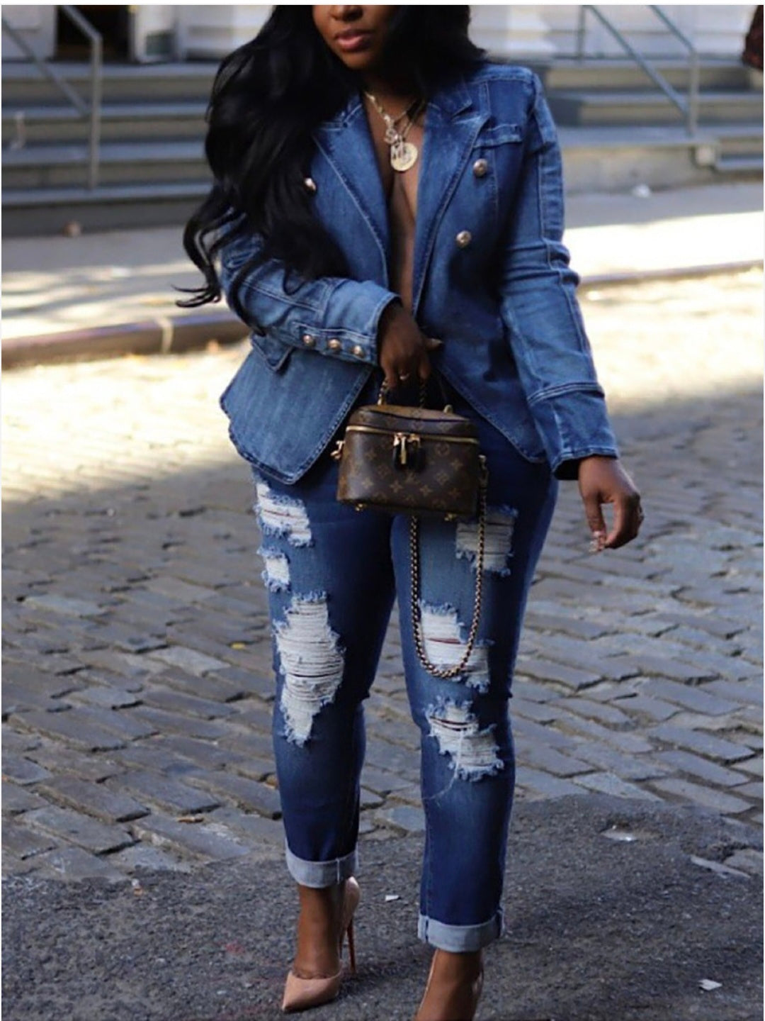 Double-Breasted Denim Blazer Jacket