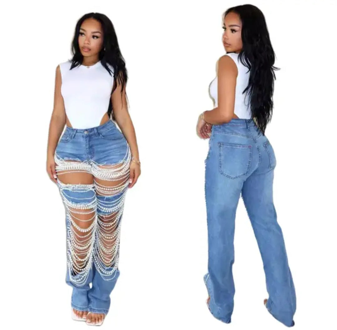 High-rise distressed jeans