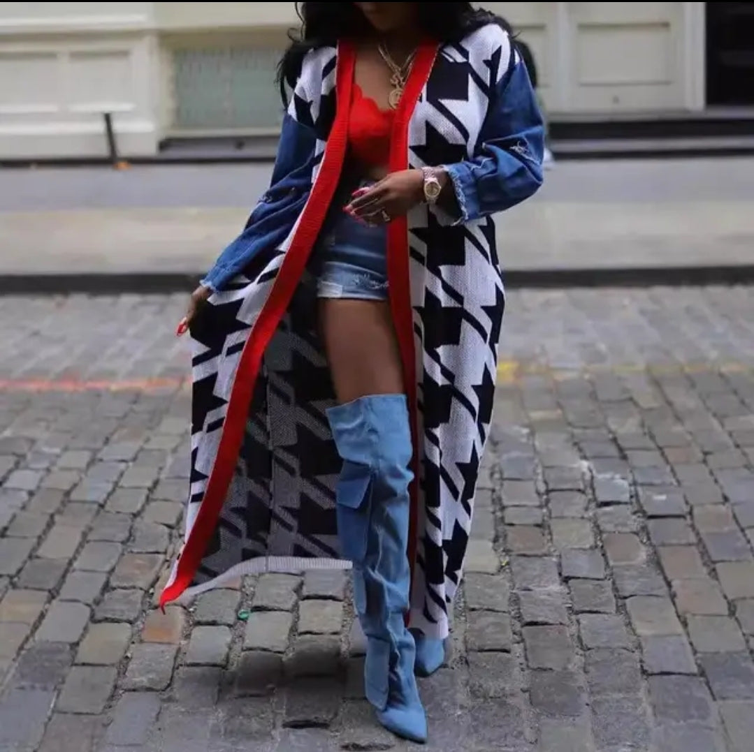 Knit sweater with denim sleeves