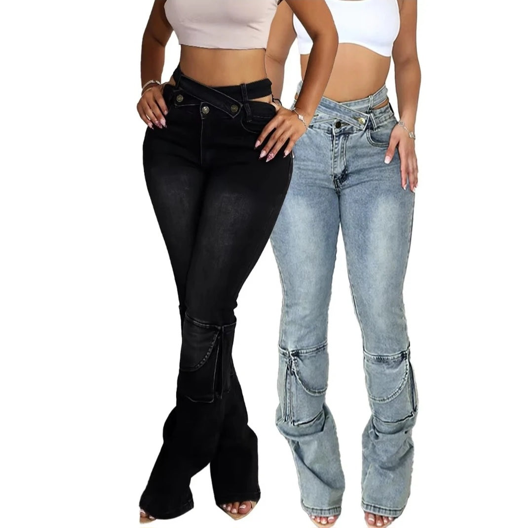 High waisted cross straight leg jeans