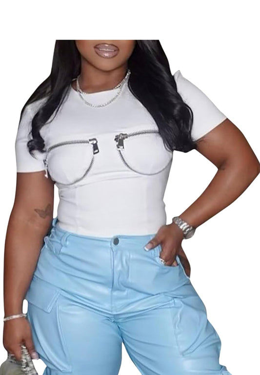 Women's Fashion Gothic Zipper Pocket Crewneck Short Sleeve Summer Crop T-Shirt Top