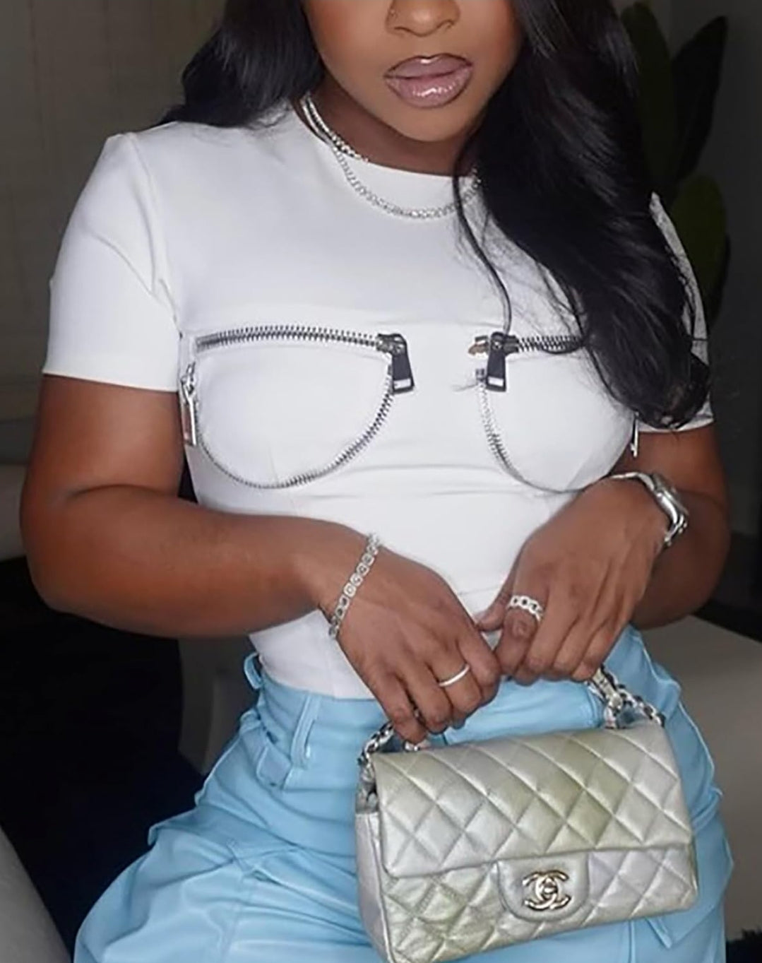 Women's Fashion Gothic Zipper Pocket Crewneck Short Sleeve Summer Crop T-Shirt Top