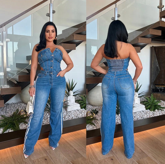 Off Shoulder Tube Top Cut Out Denim Jumpsuit