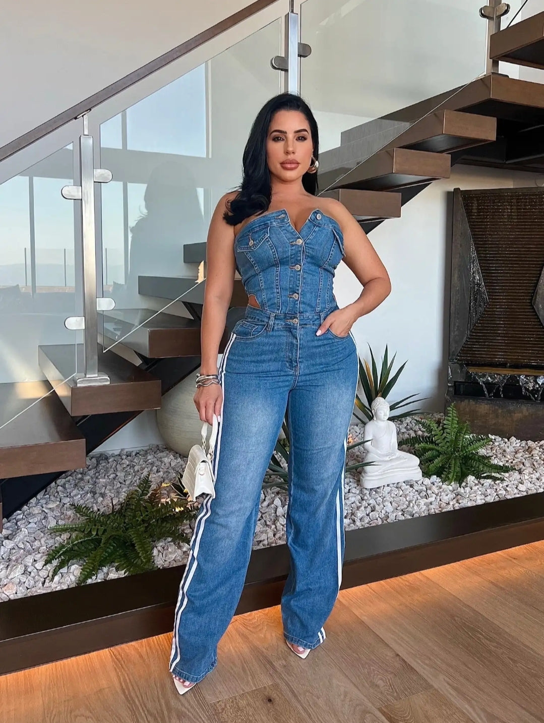 Off Shoulder Tube Top Cut Out Denim Jumpsuit