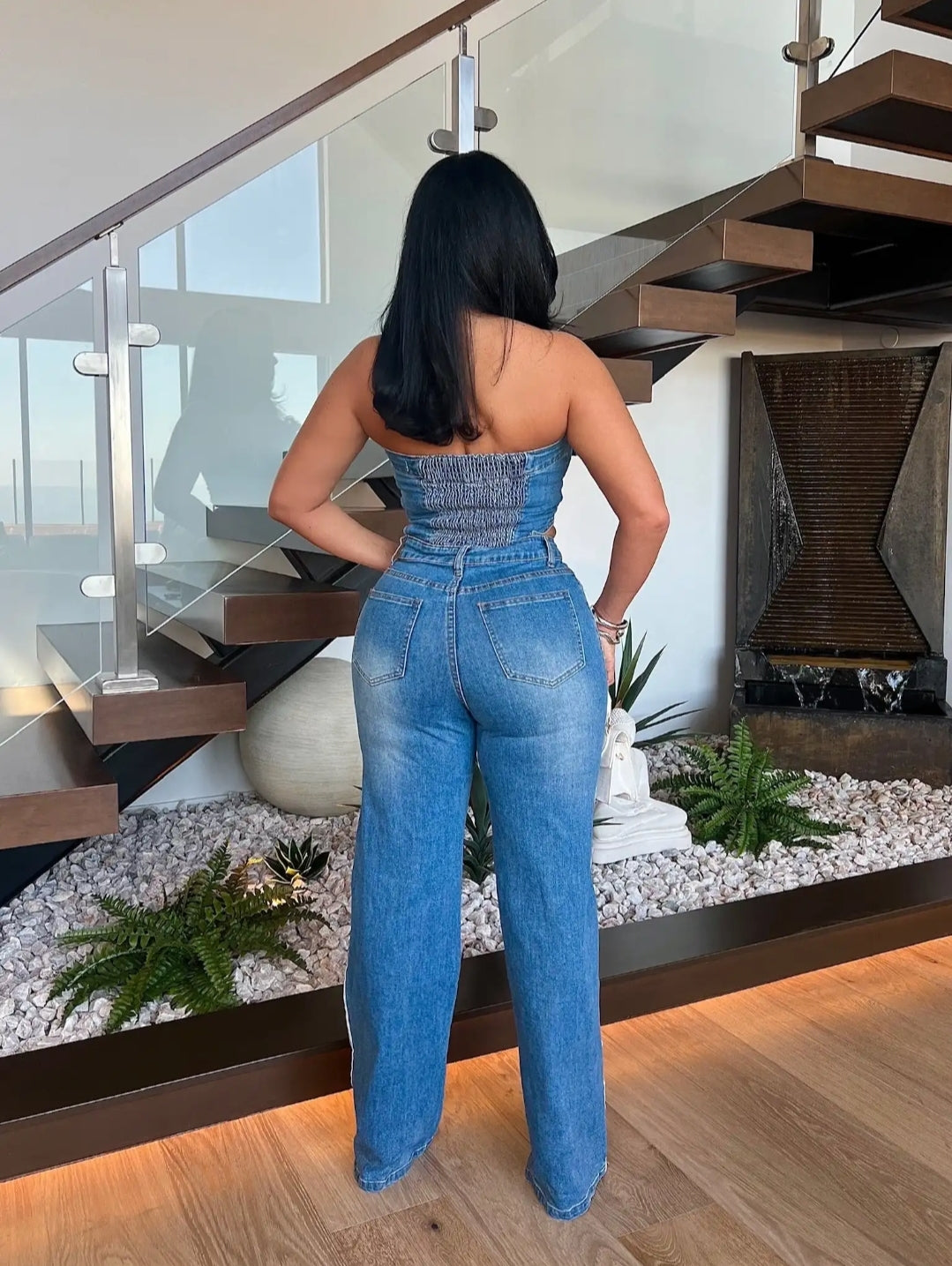 Off Shoulder Tube Top Cut Out Denim Jumpsuit