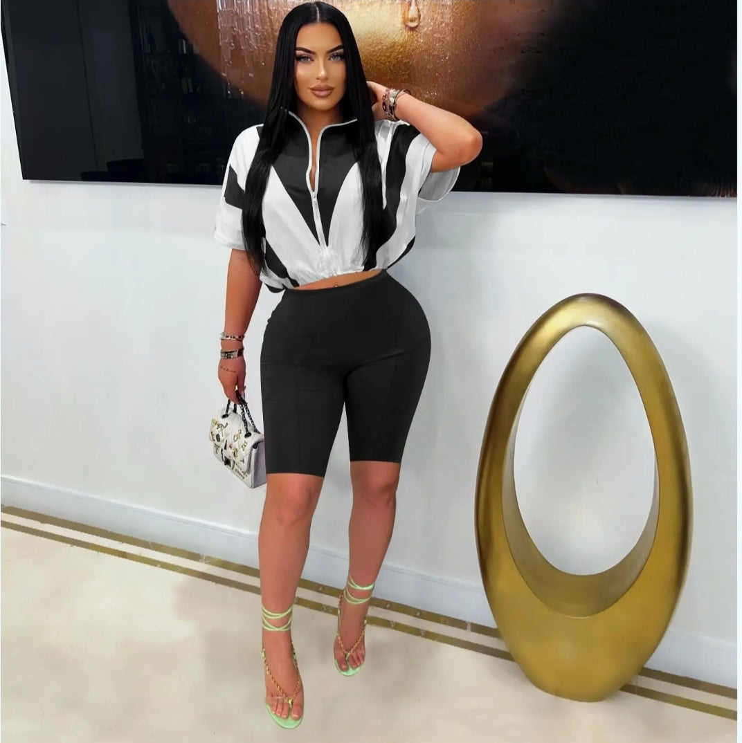 2pc Women Workout Set Color Block Batwing Sleeve Cropped Jacket High Waisted Capri Leggings Athleisure Track Suits