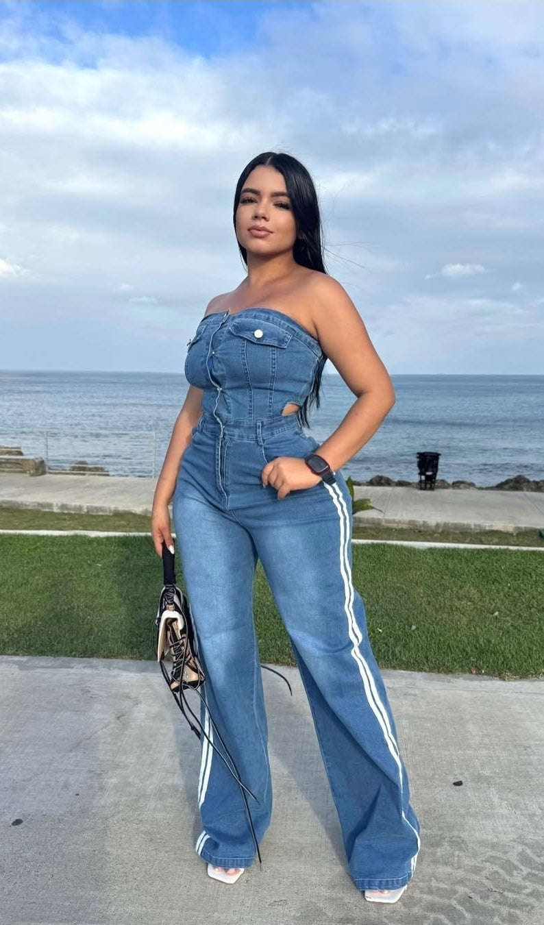 Off Shoulder Tube Top Cut Out Denim Jumpsuit