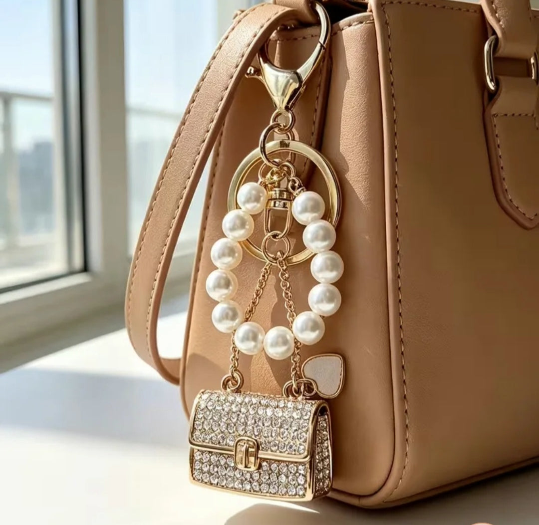 Luxury Rhinestone Mini Handbag Coin Purse Keychain with Pearl Chain