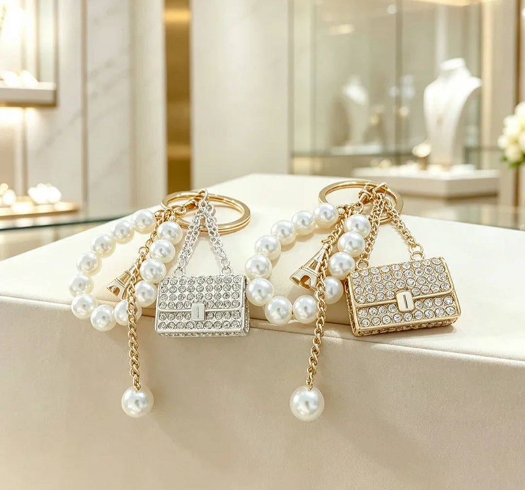 Luxury Rhinestone Mini Handbag Coin Purse Keychain with Pearl Chain
