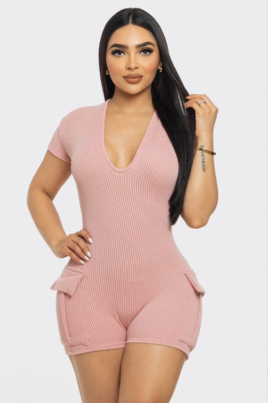 Plus Size Ribbed Cargo Pockets Rompers Jumpsuit Solid