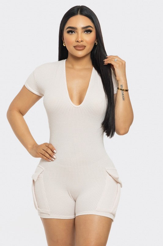 Plus Size Ribbed Cargo Pockets Rompers Jumpsuit Solid