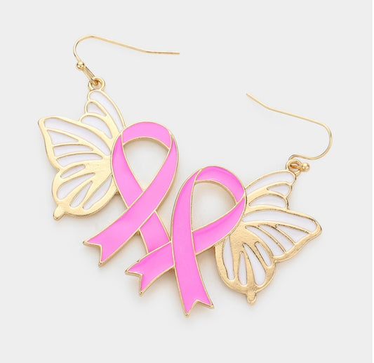 Pink Ribbon Butterfly Dangle Earrings