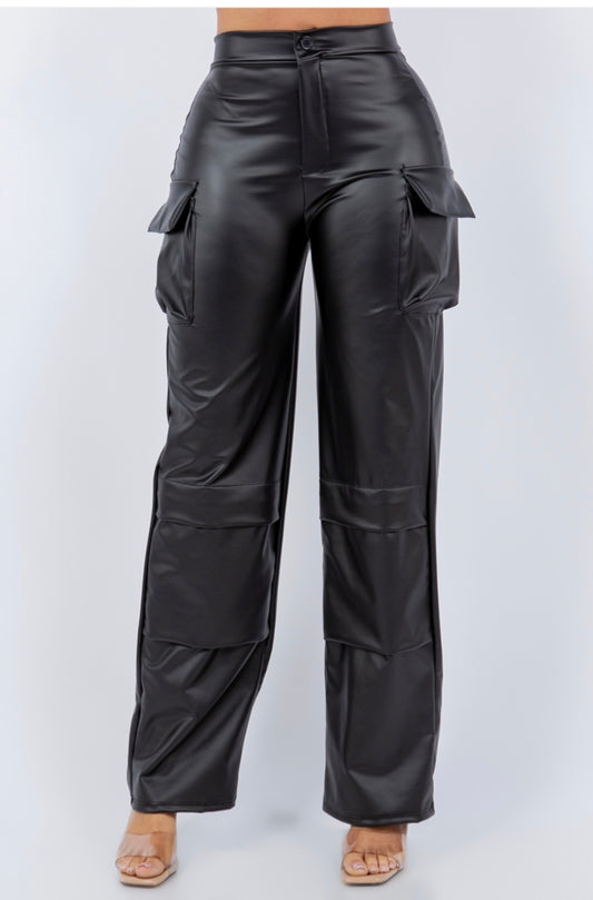 Leather Cargo Pants high waist pockets