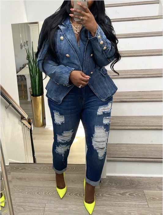 Double-Breasted Denim Blazer Jacket