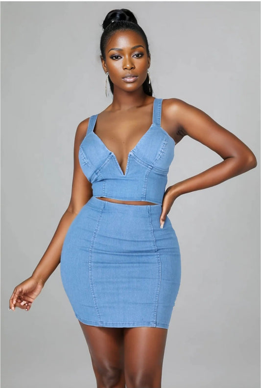 Denim crop top and skirt set