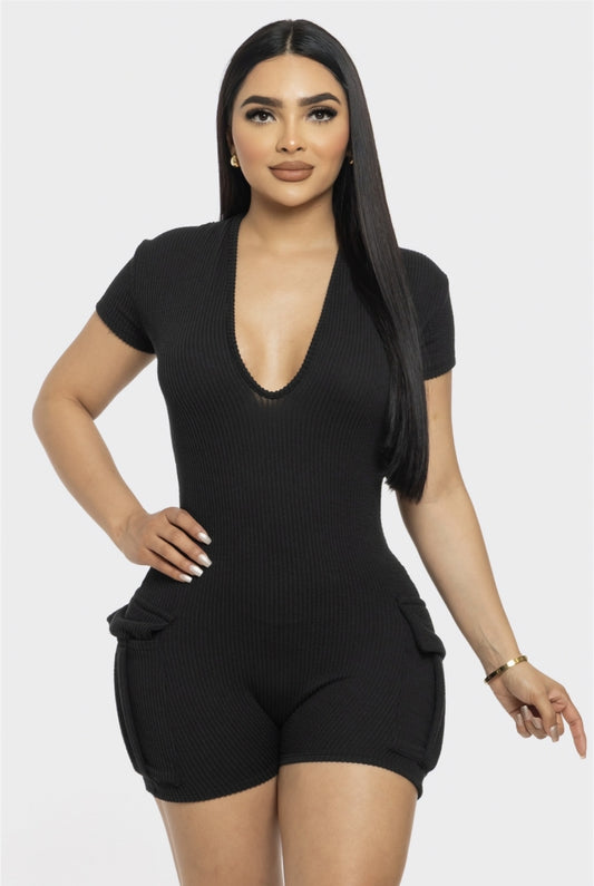 Plus Size Ribbed Cargo Pockets Rompers Jumpsuit Solid