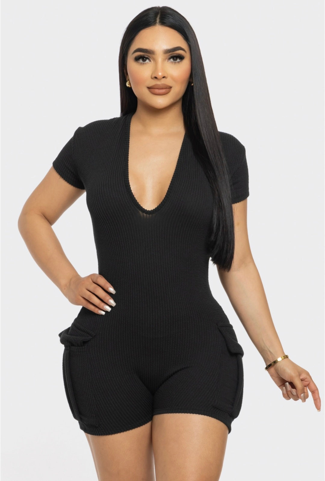 Ribbed Cargo Pockets Rompers Jumpsuit Solid