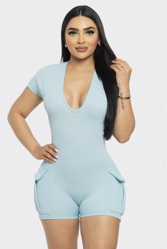 Ribbed Cargo Pockets Rompers Jumpsuit Solid