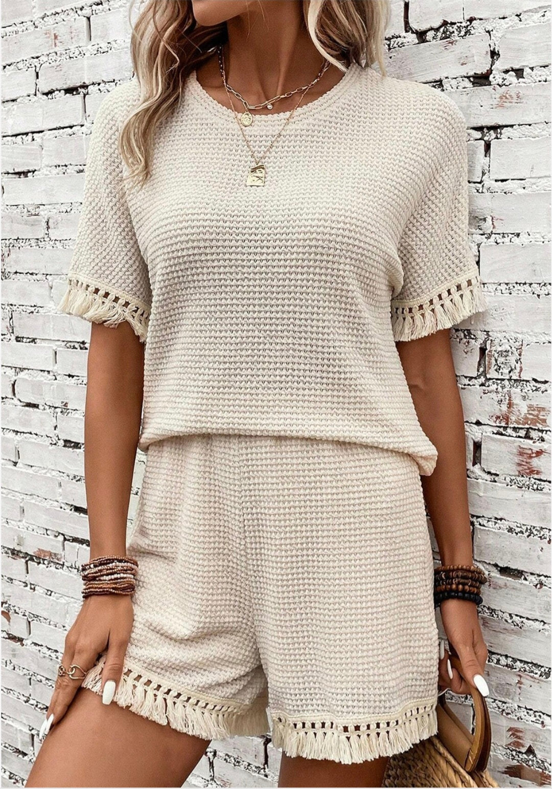 Beige fringe trim textured short two piece set