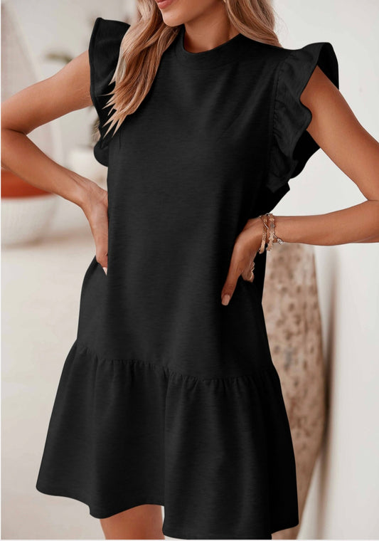 Ruffle trim stand neck shift dress