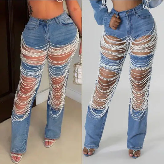 Maria's stretch high waisted ripped denim jeans with pearls