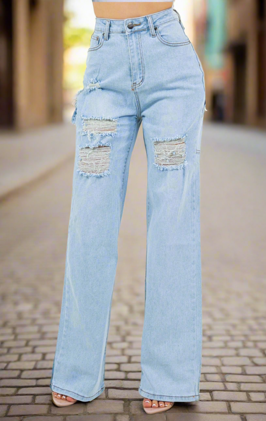 High waist denim pants wide leg baggy cargo jeans